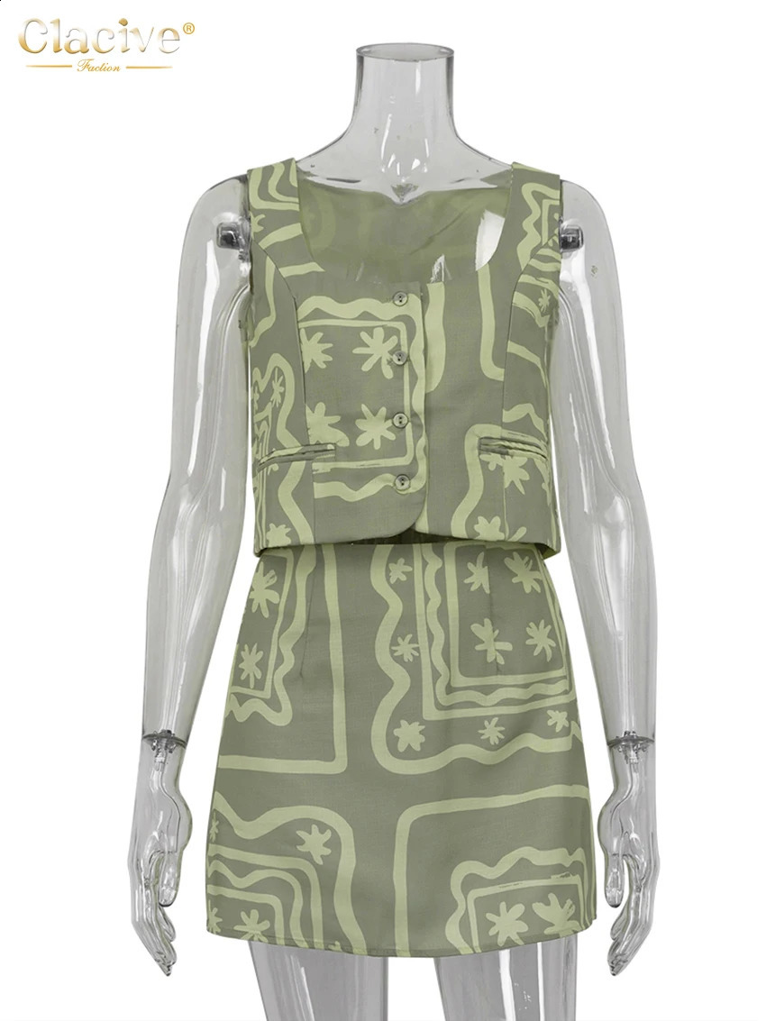Clacive Sexy Loose Print 2 Piece Sets Women Outfit Summer Sleeveless Tank Top With High Waist Mini Skirts Set Female Streetwear 250113