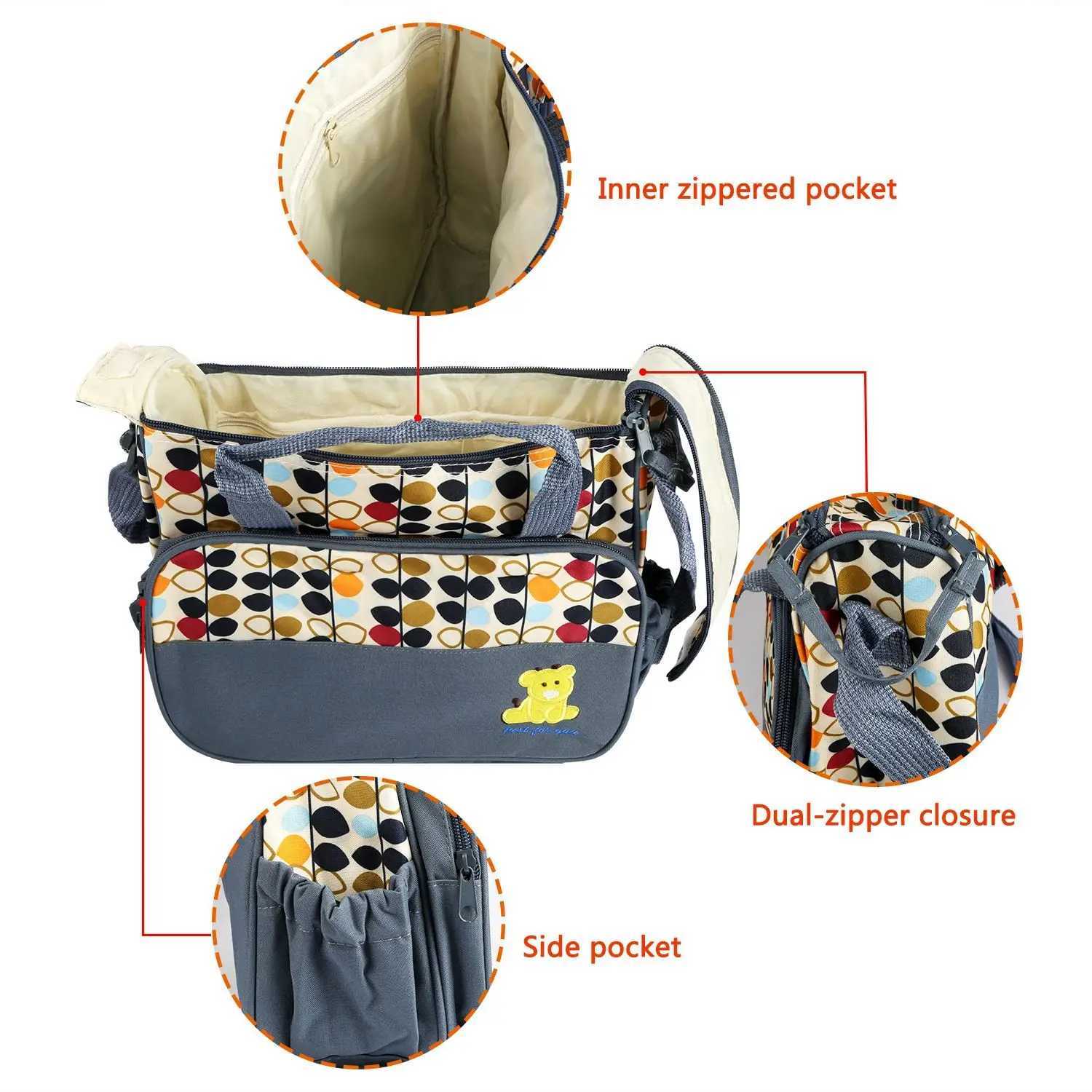 5PCS Baby Nappy Diaper Bags Set Mummy Diaper Shoulder Bags w/ Nappy Changing Pad Insulated Pockets Travel Tote BagsC250326