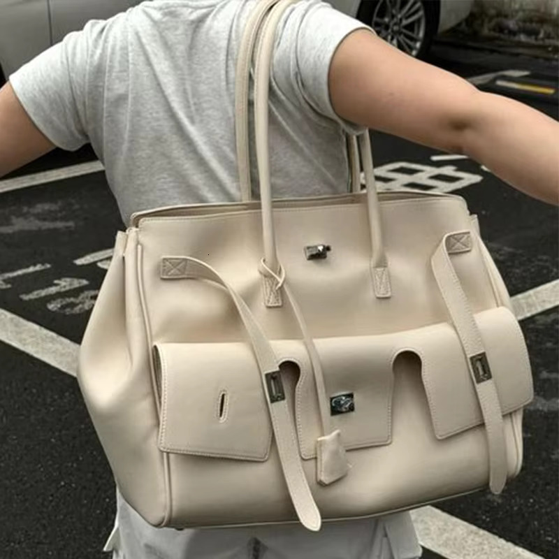 Black Brand Motorcycle Tote Large Capacity Women Leather Sliver Buckle Design Shoulder Handbag White Shopper Bag