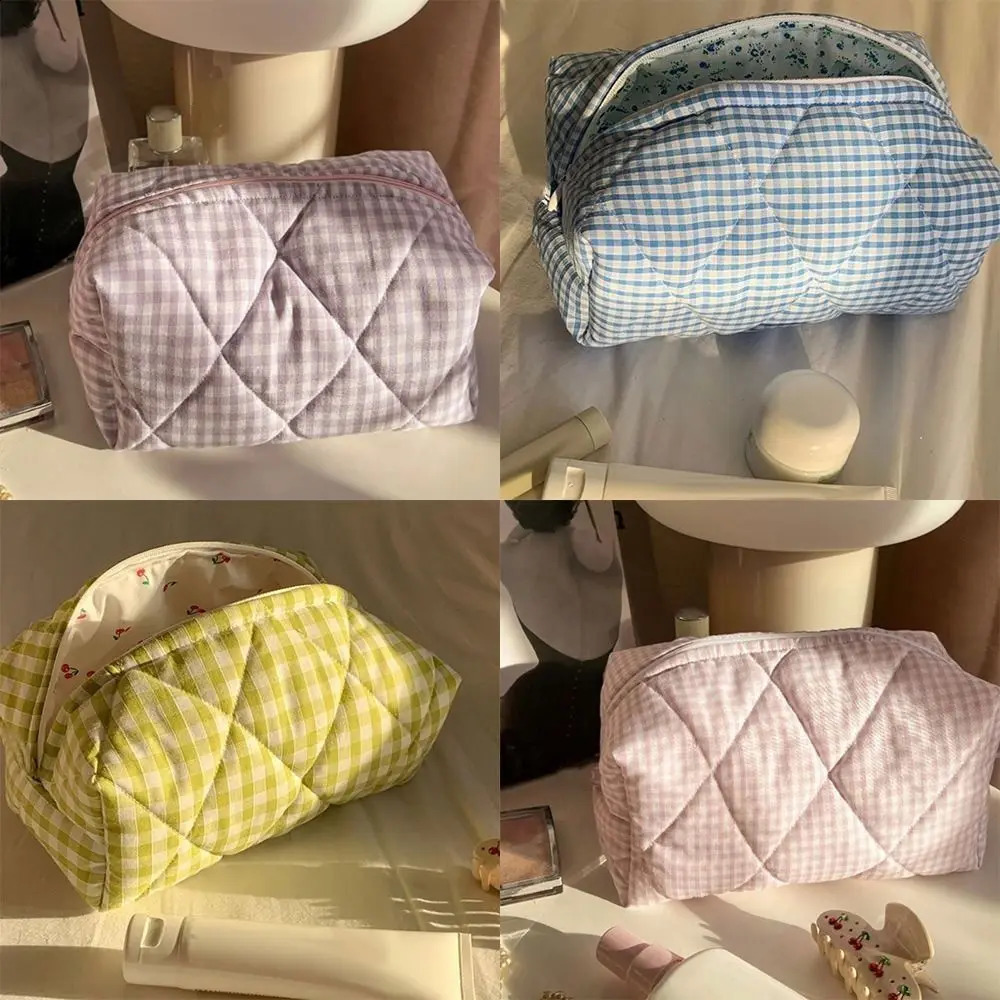 Fashion Checkered Floral Makeup Bag Large Capacity Portable Cosmetic Storage Bag Cotton Quilted Wash Bag Skincare Pouch 250207ww