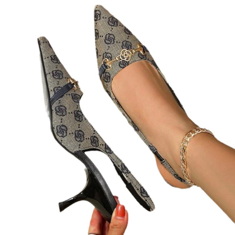 New Europe and the United States large size women's shoes fashion thin heel shallow mouth after the deep pattern pattern iron buckle comfortable 