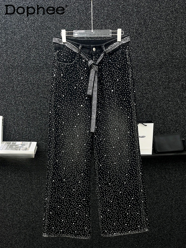 Mens Autumn High-end Fashion Wide-leg Trousers Loose Straight Pants Full Body Diamond Trousers Black Diamond Jeans 250120