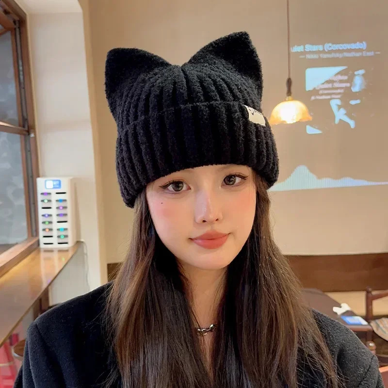 Japanese Y2k cute cat eared bear suitable for warm ear protection in autumn and winter for women sweet Versatile Pullover knitted hat 250109