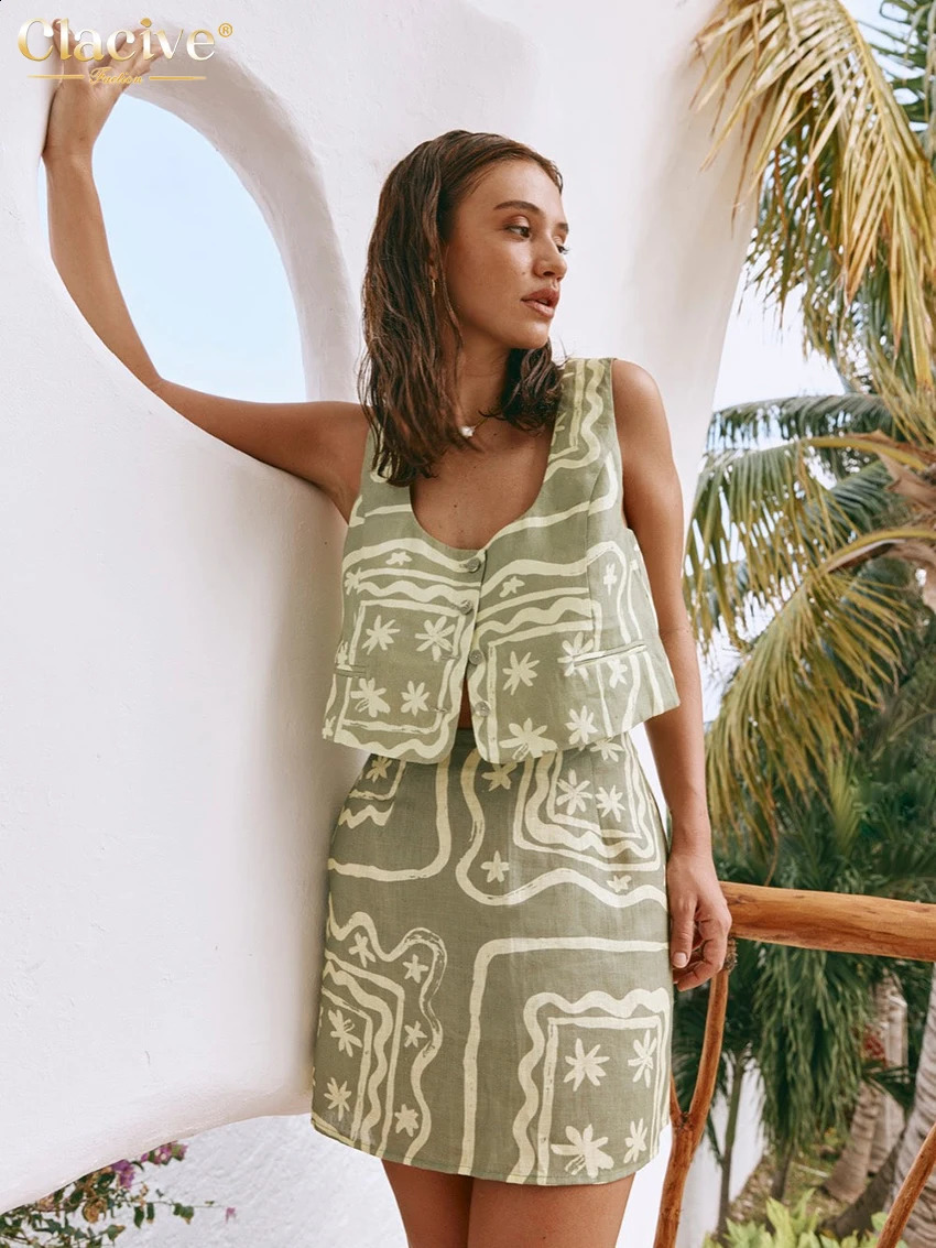 Clacive Sexy Loose Print 2 Piece Sets Women Outfit Summer Sleeveless Tank Top With High Waist Mini Skirts Set Female Streetwear 250113