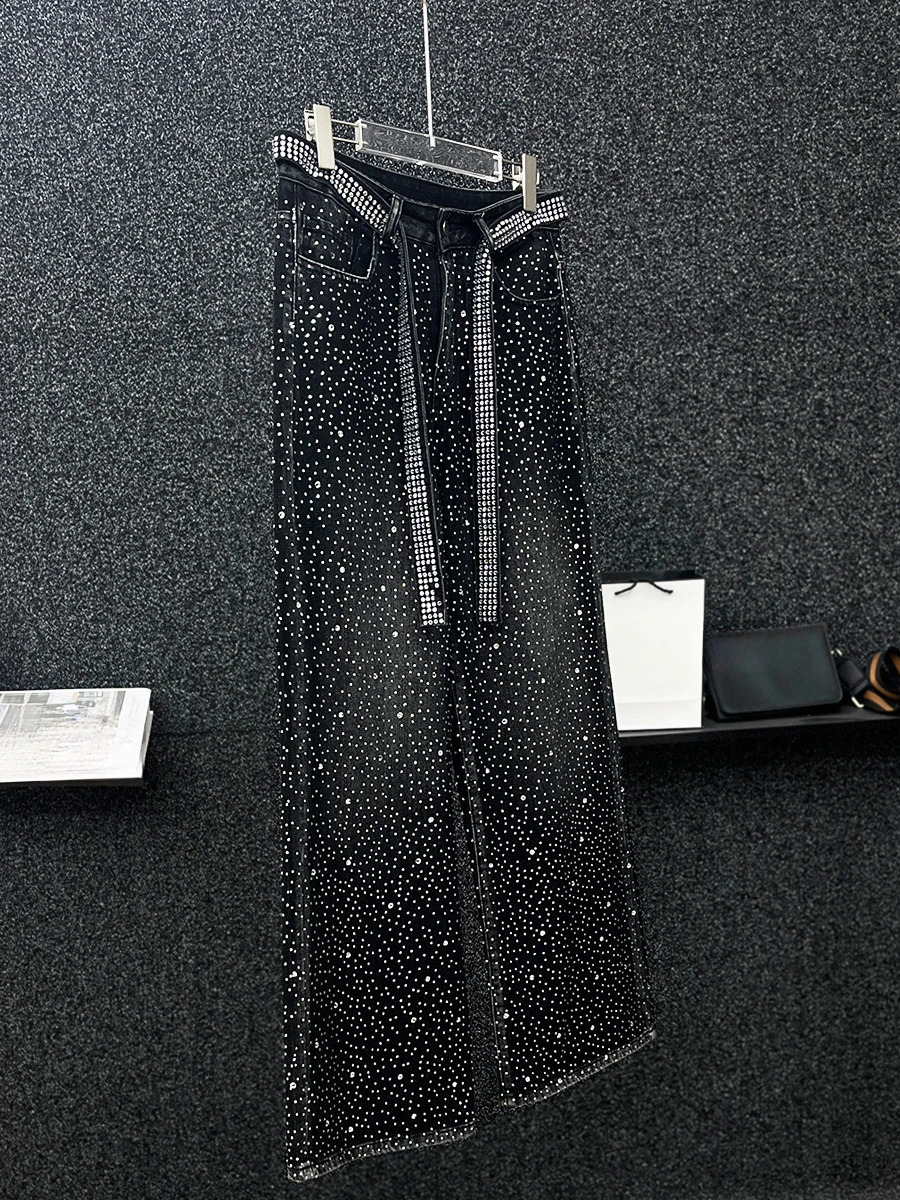 Mens Autumn High-end Fashion Wide-leg Trousers Loose Straight Pants Full Body Diamond Trousers Black Diamond Jeans 250120
