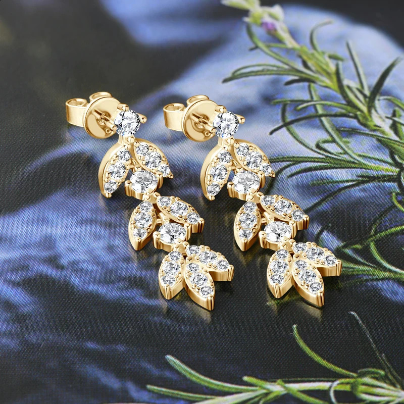 High Quality Silver 925 Drop Dangle Earrings for Women Real 3.0mm D Color Diamond Delicate Leaf-Shape Stud Earrings 250122