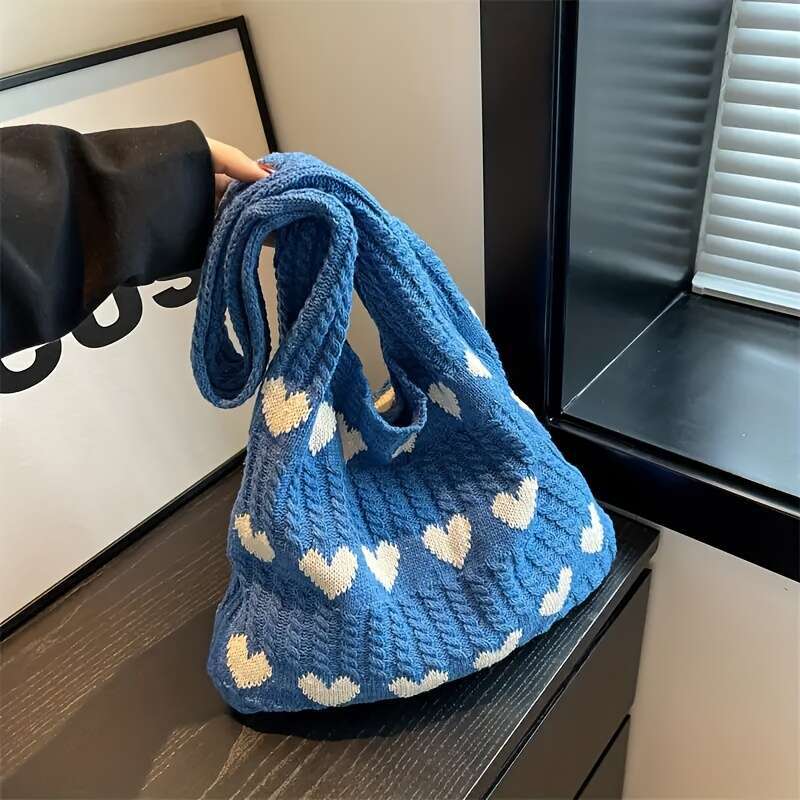 Geometric Love Heart Pattern Crocheted Tote - Durable Casual Shoulder Bag for Women