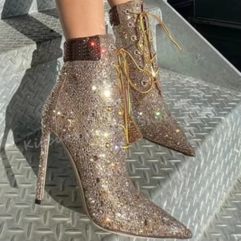 Crystal Ankle Boots Bordered Rhie Glossy Pointed Toe Thin Heel Strappy Lace-Up Sexy Fashion Women Shoes Newest