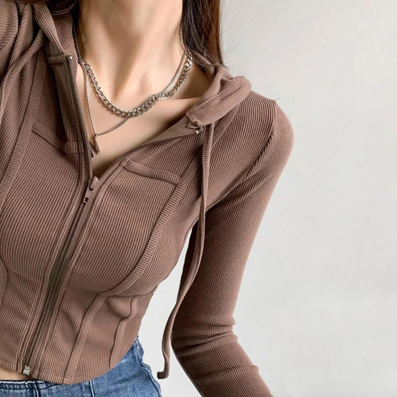 Fashion Slim Short Zipup Sweatshirt Sexy Solid Color Crop Tops Hooded Cardigans Korean Streetwear Hoodies Female 250110
