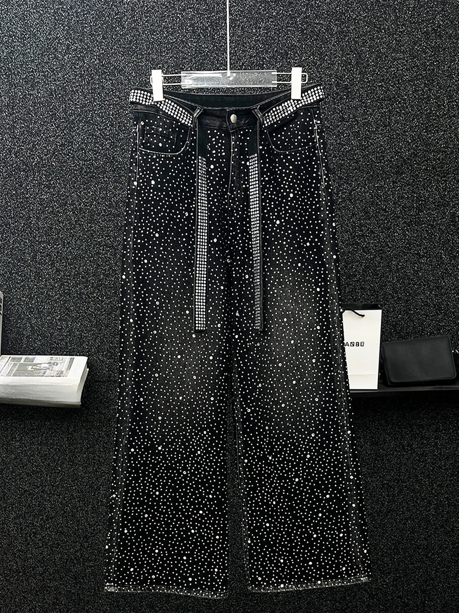 Mens Autumn High-end Fashion Wide-leg Trousers Loose Straight Pants Full Body Diamond Trousers Black Diamond Jeans 250120