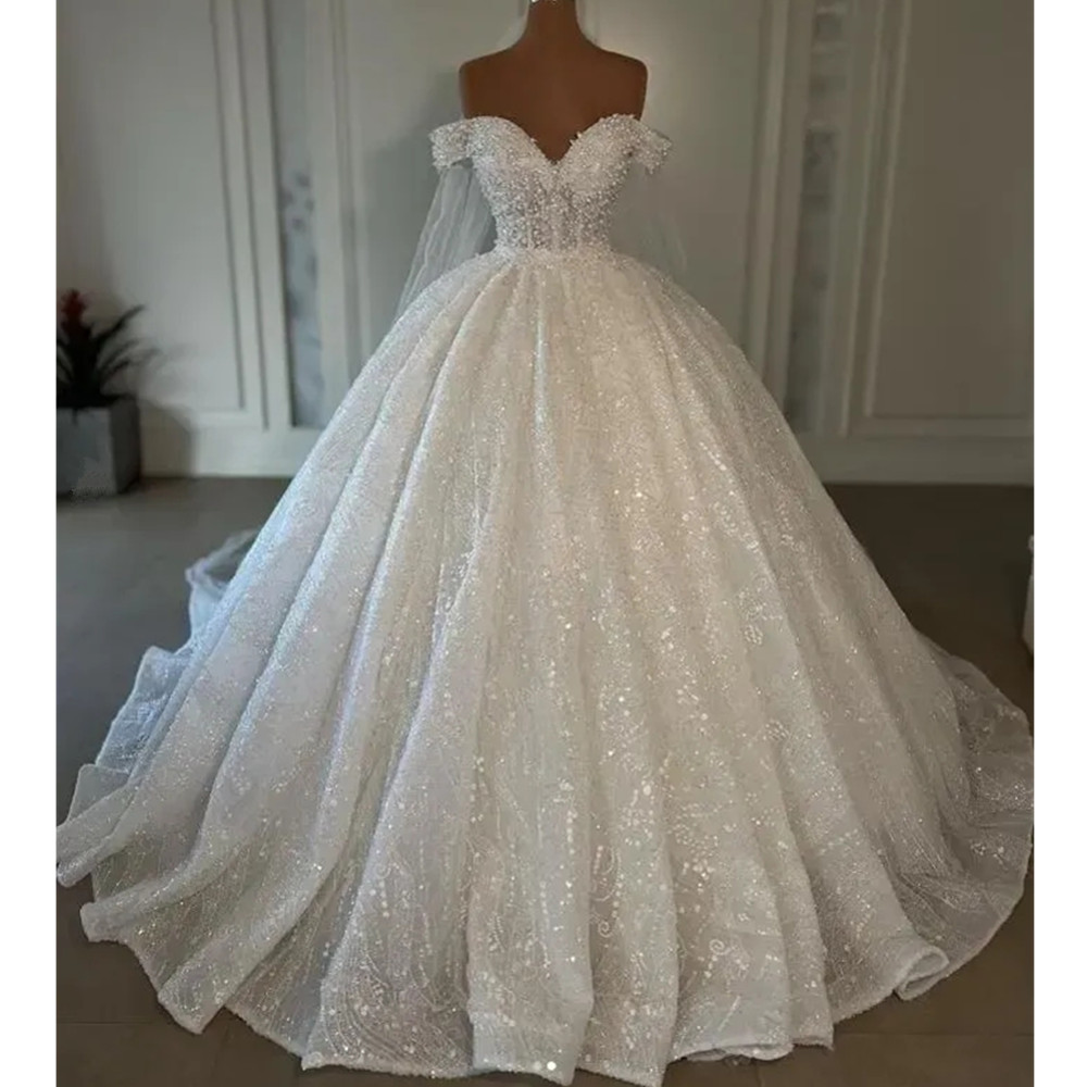 Exquisite Ball Gowns Wedding Dresses Off The Shoulder Princess Pearls Bridal Gown Sweep Train Sequins Custom Made Vestios Novias Robe De Mariage