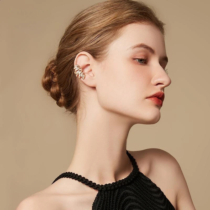 Gold Silver Color Metal Leaves Ear Clips Without Piercing For Women Sparkling Zircon Ear Cuff Clip Earrings Wedding Jewelry 250122