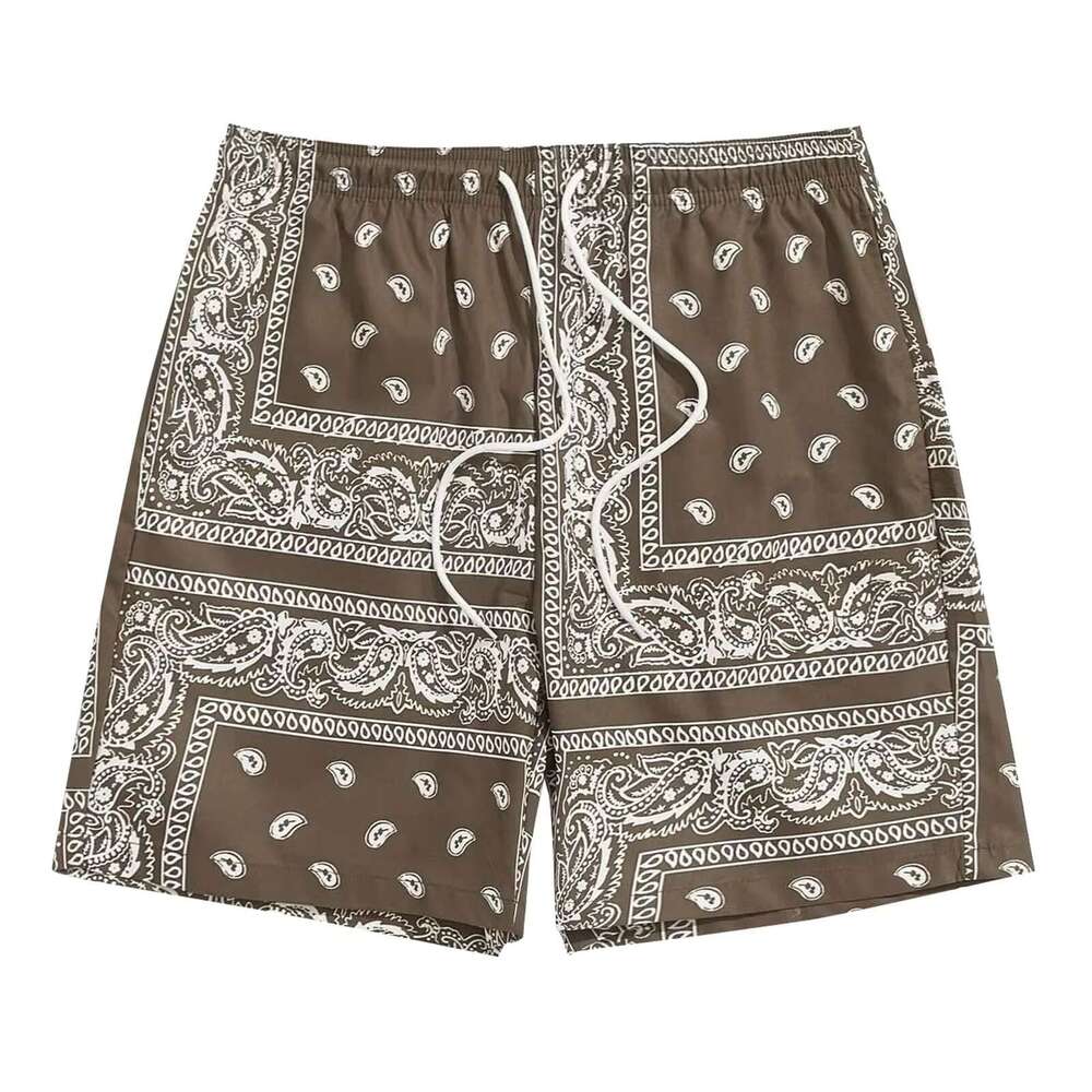 Men'S Boho Waist Paisley Print Wave Pattern Solid Color Drawstring Loose Dry Gym Sports Shorts Spodenki Meskie R250205