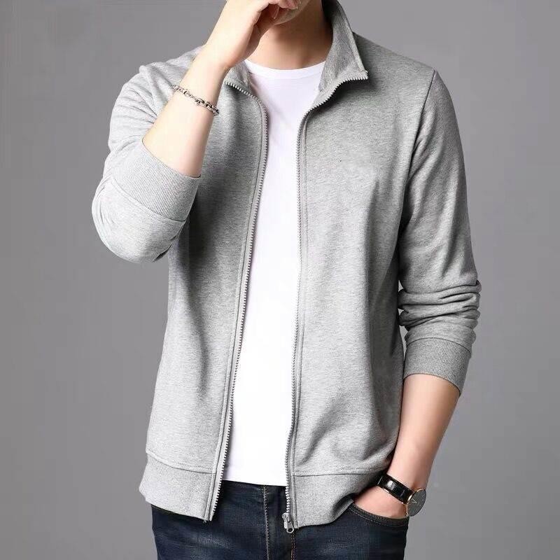 (70) Solid color men's stand collar cardigan sports fashion zipper sweatshirt