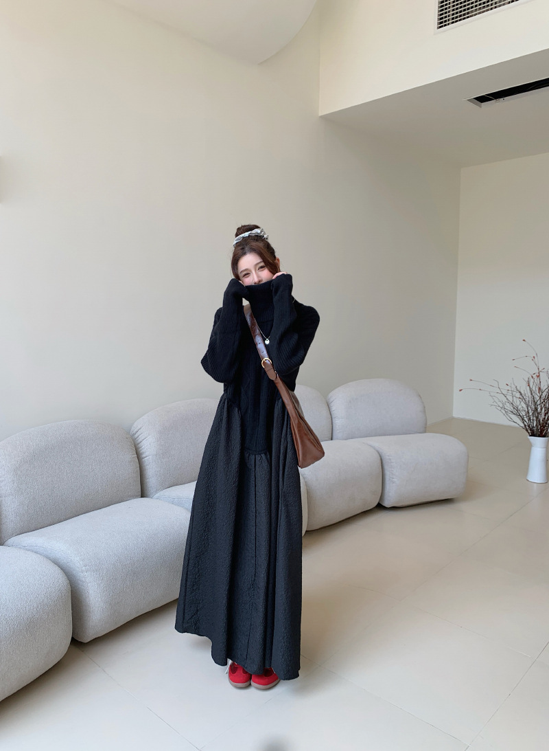 X6120 Autumn and winter large size loose high collar stitching knitted skirt long slim European and American style dress