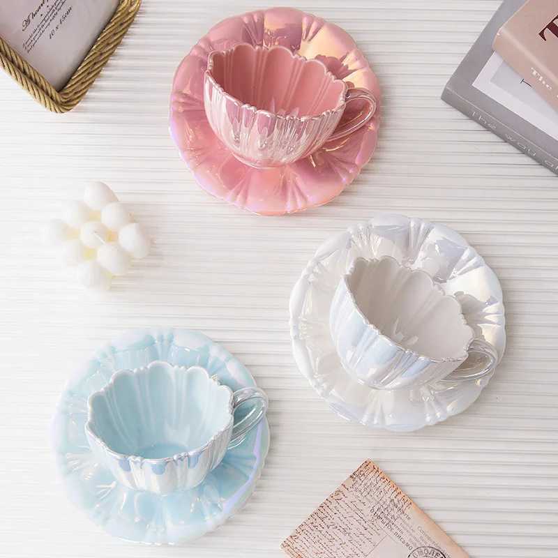 240ml Pearl White Blue Flower Petal Coffee Cups and Saucers Ceramic Pretty Tea Cup With Saucer Set Z250205