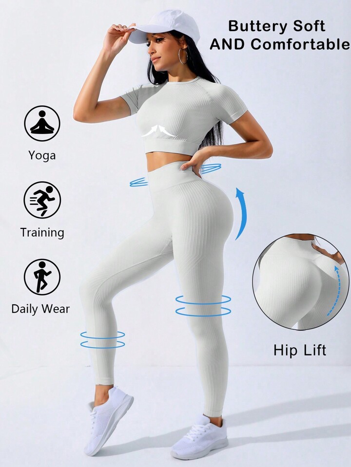 High quality fashionable thread seamless casual yoga set for Western women short sleeved peach hip pants fitness suit training and sports set