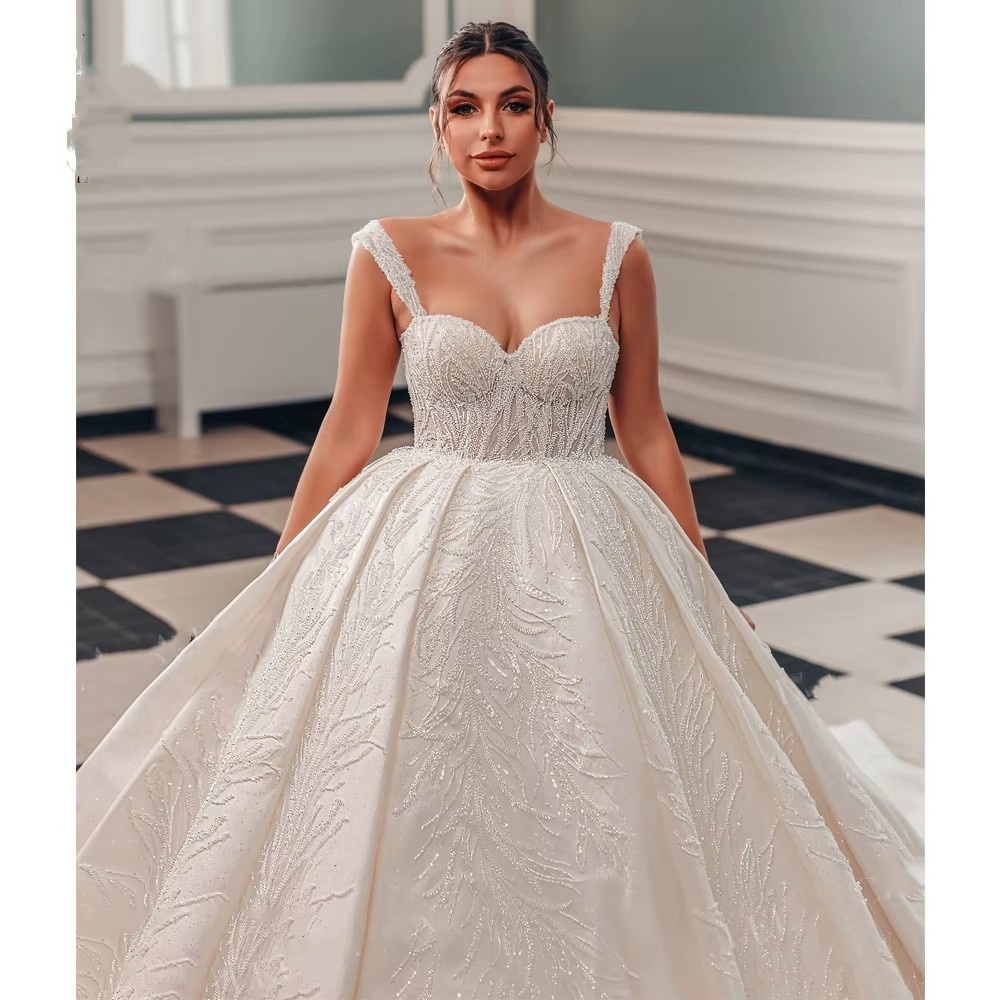 Classic A e Bridal Dress Sequins Wedding Sweetheart Neck Spaghetti Strap Sleeveless Gown Sweep Train Customized Dresses Vestido De Novia