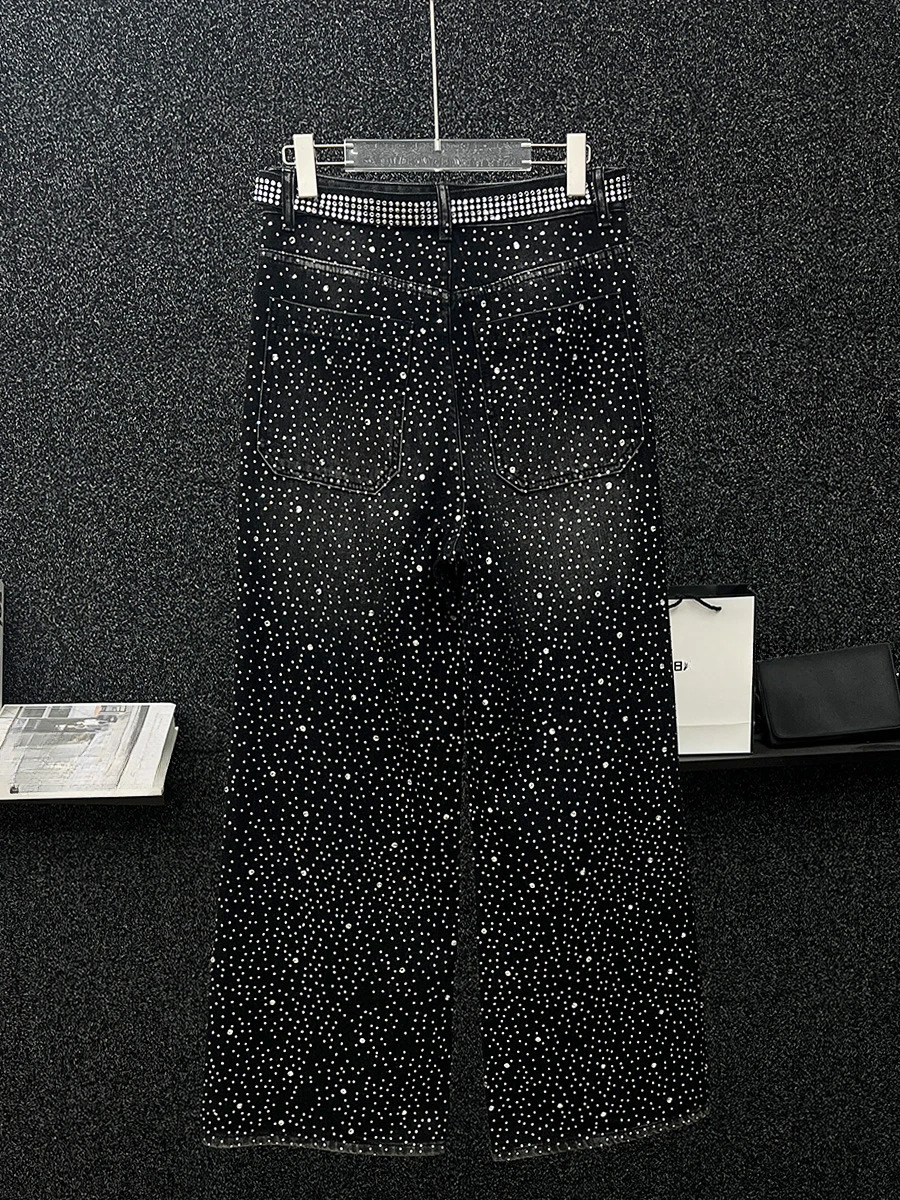 Mens Autumn High-end Fashion Wide-leg Trousers Loose Straight Pants Full Body Diamond Trousers Black Diamond Jeans 250120