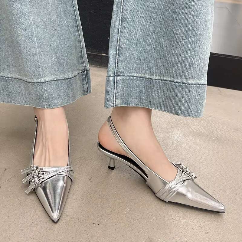 Ladies High Slides For Sandals Fashion Wine Red Women Thin Heels Shoes Buckle Strap Shallow Female Pumps Footwear