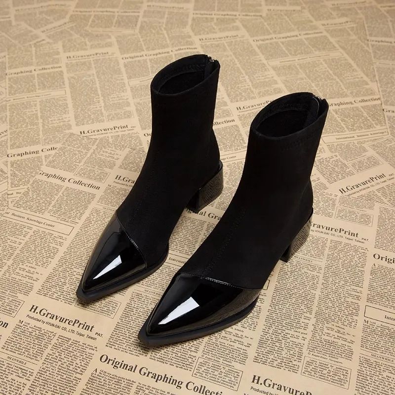 Women Boots Fashion Thick Sole High Heel Pointed Toe Simple Style Suede Triple Black Brown Free shipping