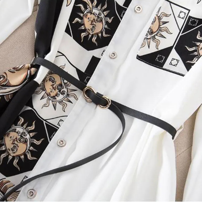 Print Vintage A-Line With Belt Loose Polo Neck Womens Dress Single-Breasted Knee Length Dresses For Women Clothing Fashion 250122