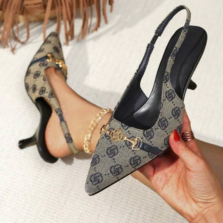 New Europe and the United States large size women's shoes fashion thin heel shallow mouth after the deep pattern pattern iron buckle comfortable 