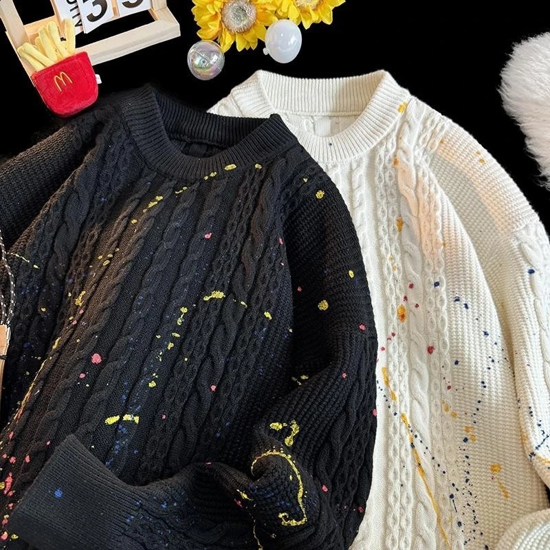 Korean Knitted Pullover Street Clothing Splashink Sweater Graffiti Twist Trend Loose Knit Top Men Women Clothes 250114Z