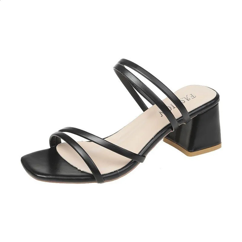 Women Sandals Ladies Square Heels Elegant Summer Slippers Outside Cross Tied Leather Female Slides Fashion Woman Sandals 250317