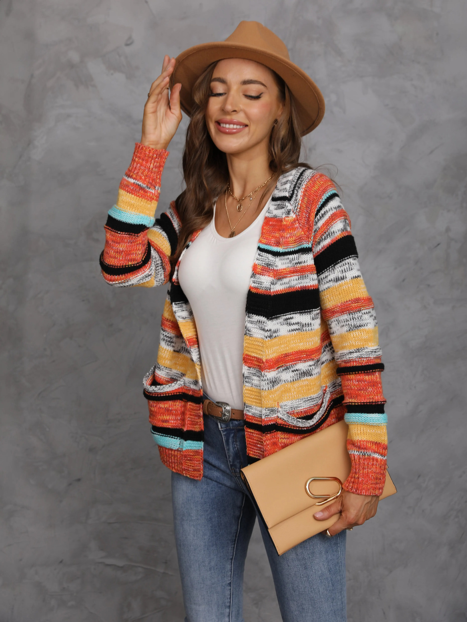 Womens Rainbow Stripes Sweater Knitted Cardigan Korean Casual Coat Spring Autumn Long Sleeve Jacket Shawl Ladies Tops 250118