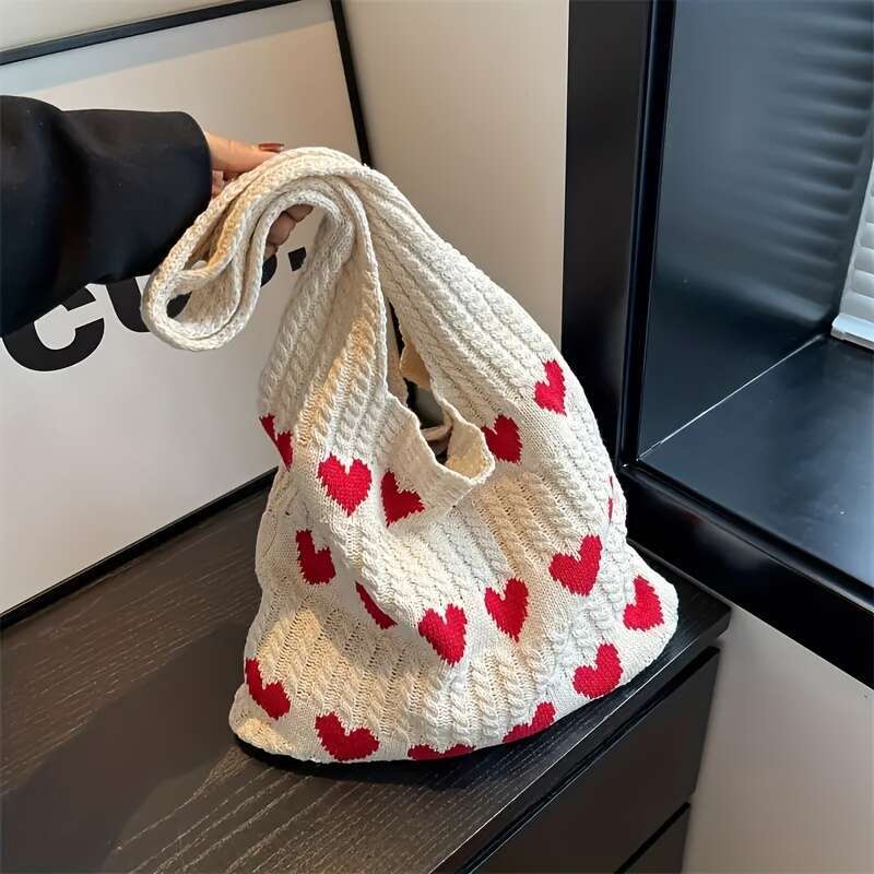 Geometric Love Heart Pattern Crocheted Tote - Durable Casual Shoulder Bag for Women