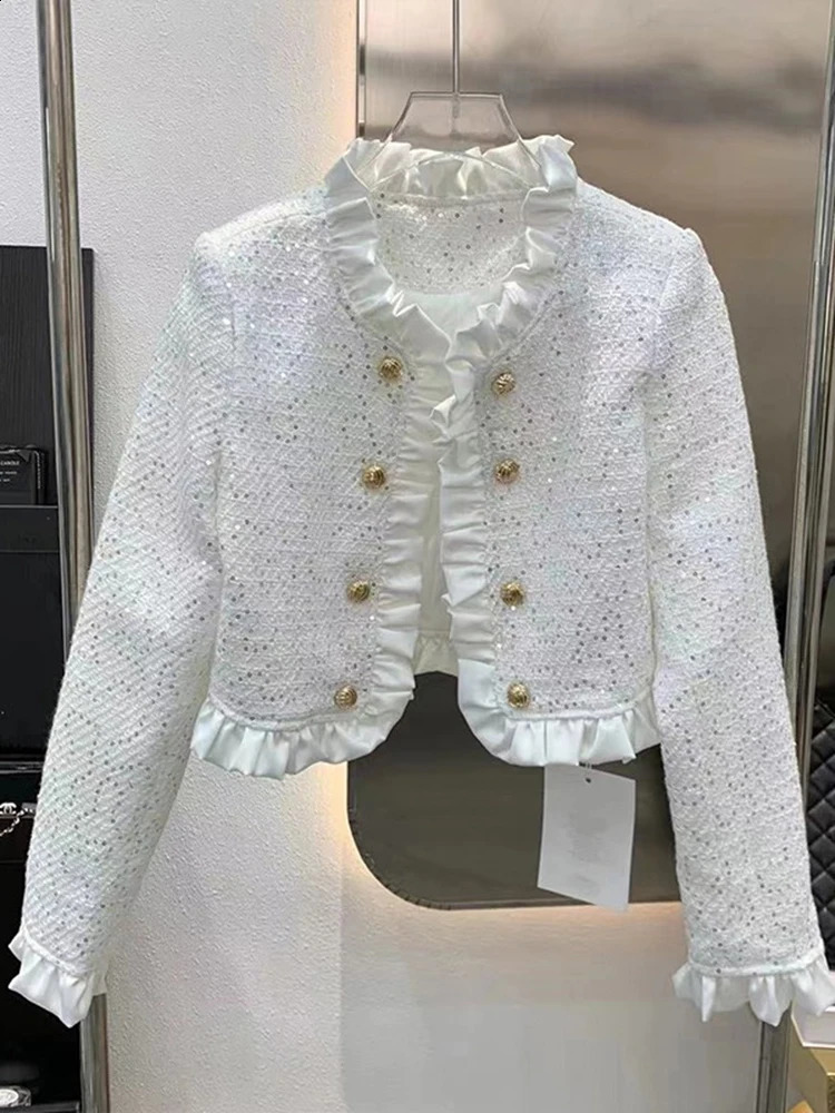 Ruffles Tweed Short Jackets n Coats Women Korean Double Breasted Chaquetas Cropped Tops Casual Slim Elegant Casacas 250120