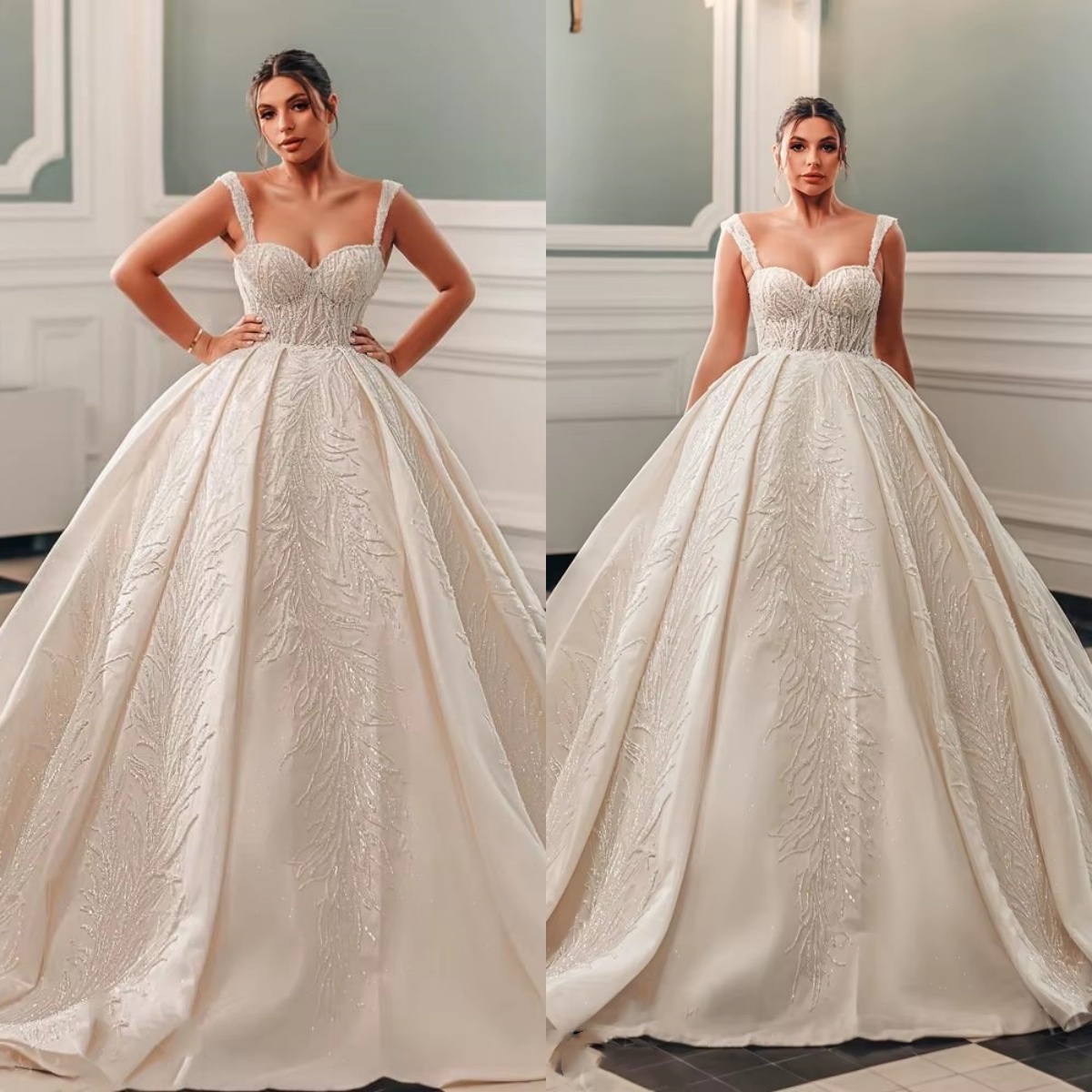 Classic A e Bridal Dress Sequins Wedding Sweetheart Neck Spaghetti Strap Sleeveless Gown Sweep Train Customized Dresses Vestido De Novia