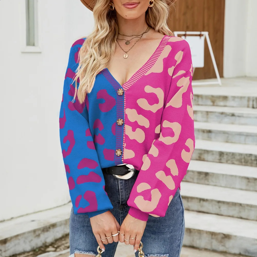Autumn Winter Womens Sweater Top Color Blocked Leopard Print V-neck Single Breasted Cardigan Sweater Womens Knitted Coat 250118