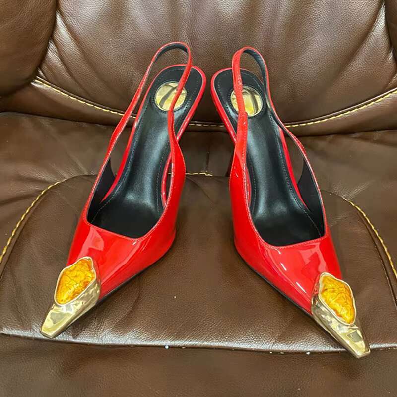 Liyke Runway Fashion Gem Metal Pointed Toe Patent Leather Women Pumps Red High Heels Wedding Party Shoe Sgback Sandal Size 42