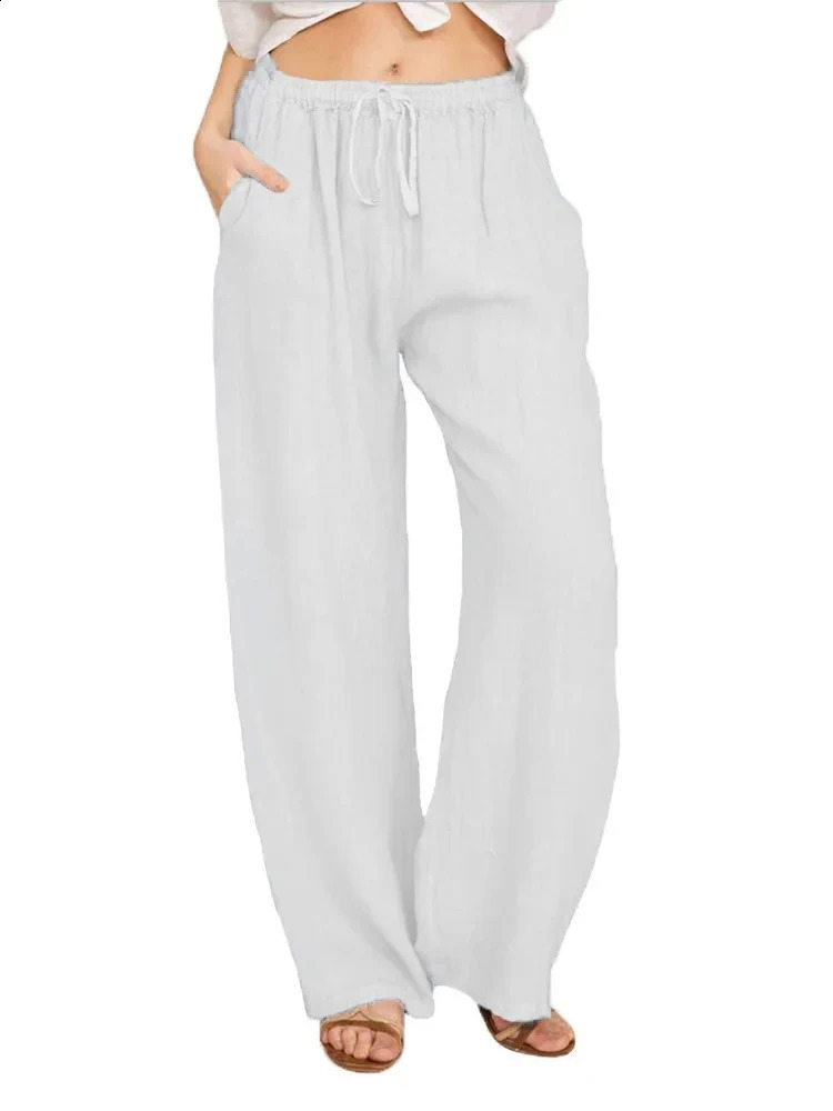 Women Cotton Linen Pants Summer and Autumn Solid High Waist Wide-Leg Trousers Female Loose Hemp Casual Breathable Sports Pants 250121