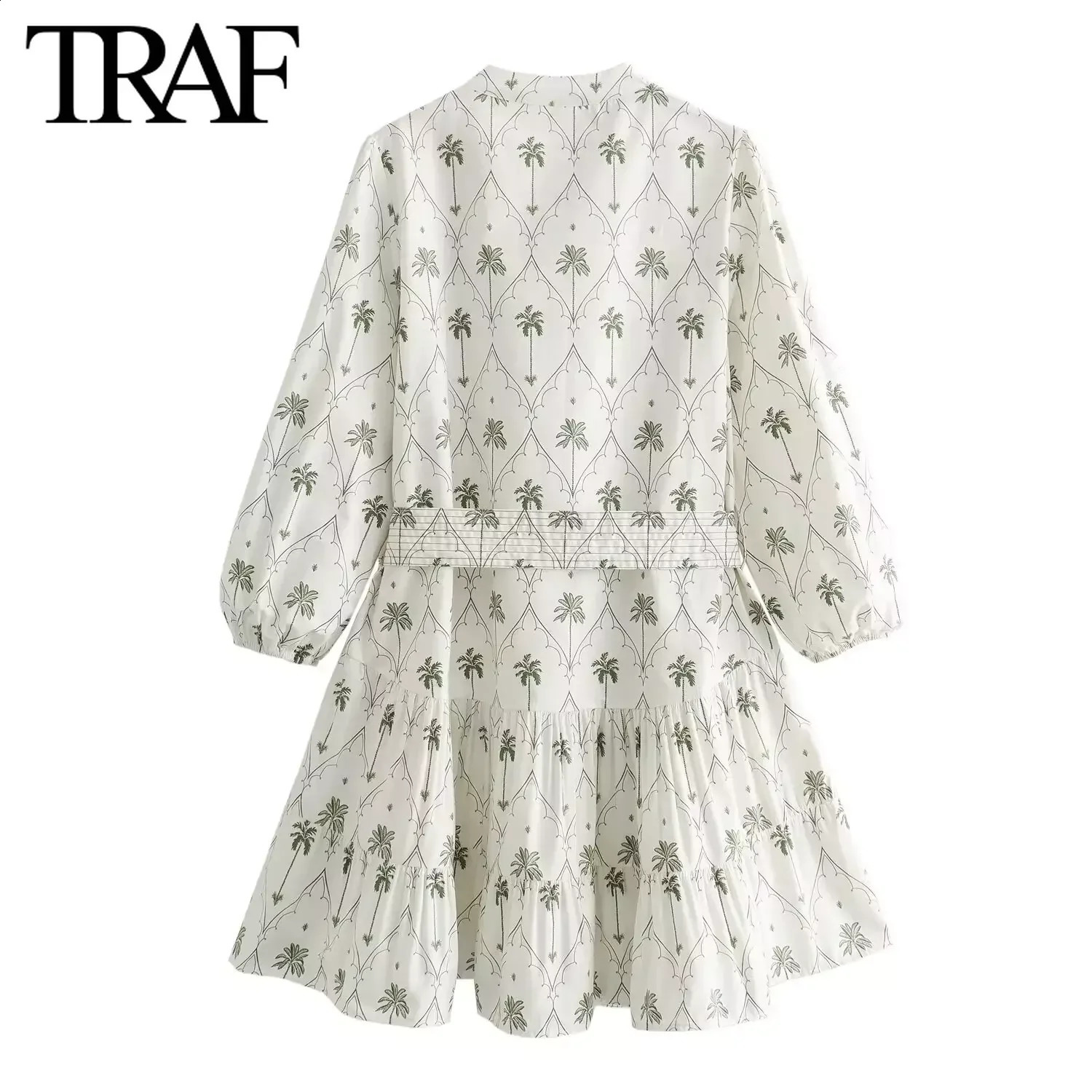 TRAF Women Fashion Spring Summer Vintage Printed Long-sleeved V-Neck Belt Dress French Chic Female Mini Evening Clothing 250122