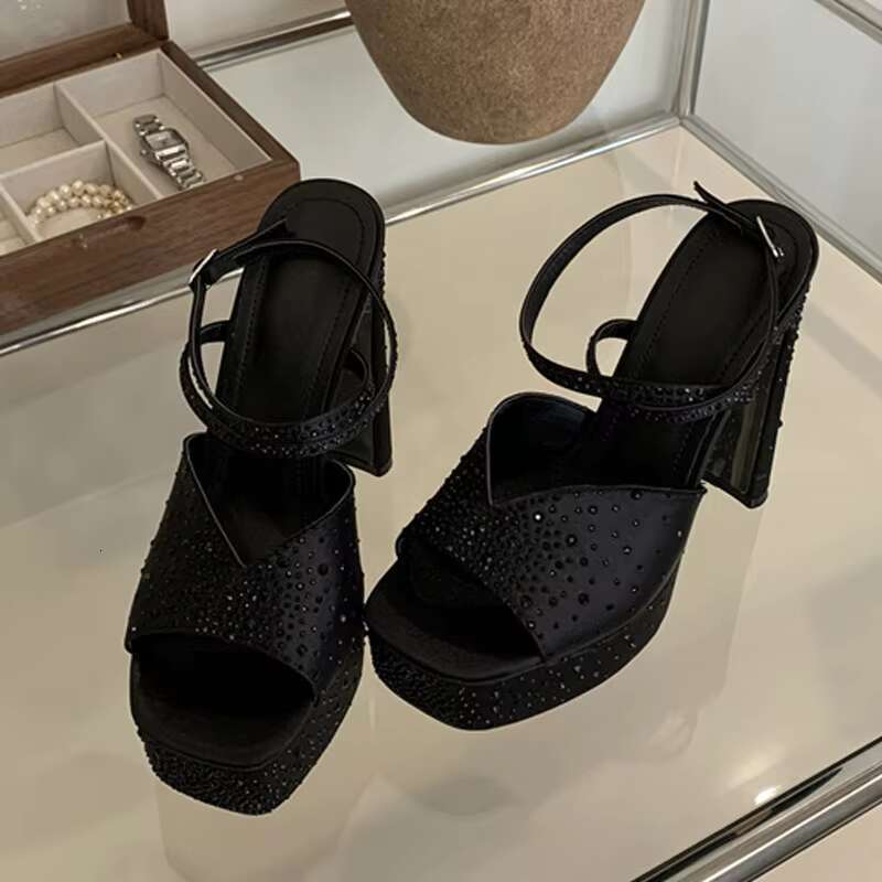 Liyke Fashion Rhie High Heels Women Sexy Sandals Crystal Silk Ankle Strap Female Square Toe Chunky Platform Shoes Black