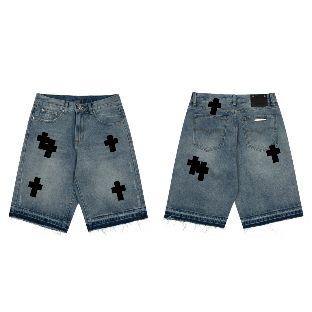 Jeans Shorts Y2k Mens Designer Chrme Heartshorts Ripped Distressed Embroidery Cross Graphic Short Jeans Hip Hop Streetwear Trendy Crome Denim Shorts