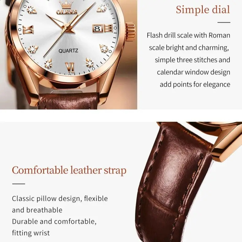 OLEVS Classics Leather Strap Quartz Watch for Women Fashion Elegant Diamond Ladies Watch Waterproof Date Womens Quartz Watch 250121