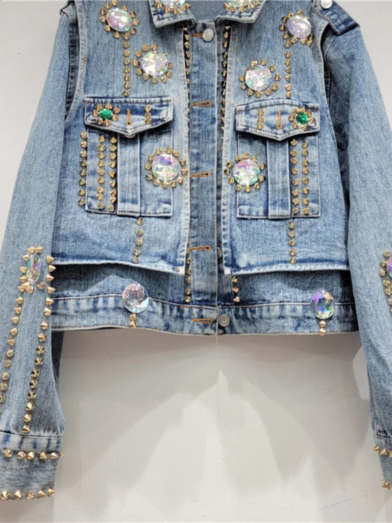 Heavy Handmade n Rhinestone Beaded Slimming All-Matching Short Denim Jacket Women Jean Jacket Trendy Fall Clothes 250121
