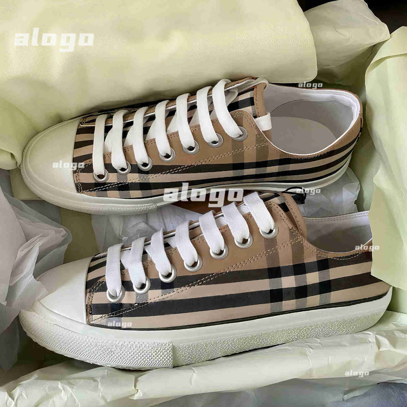 Vintage Print Check Sneakers Women Sneaker Two-tone Cotton Gabardine Flats Printed Lettering Plaid Calfskin Trainers Bio-based Rubber Bottom Shoes 113