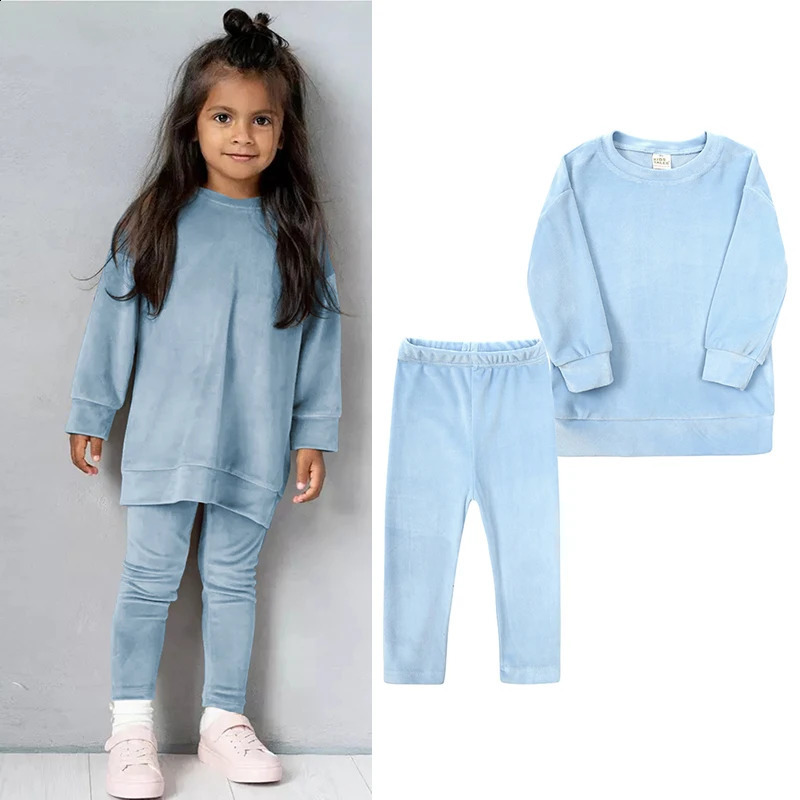 2025 Spring Kids Girl Velvet Suit Long Sleeve Pants Solid Clothes For Infant Toddler Boy Pullover Sweatshirt Set Teenage Outfits 250218