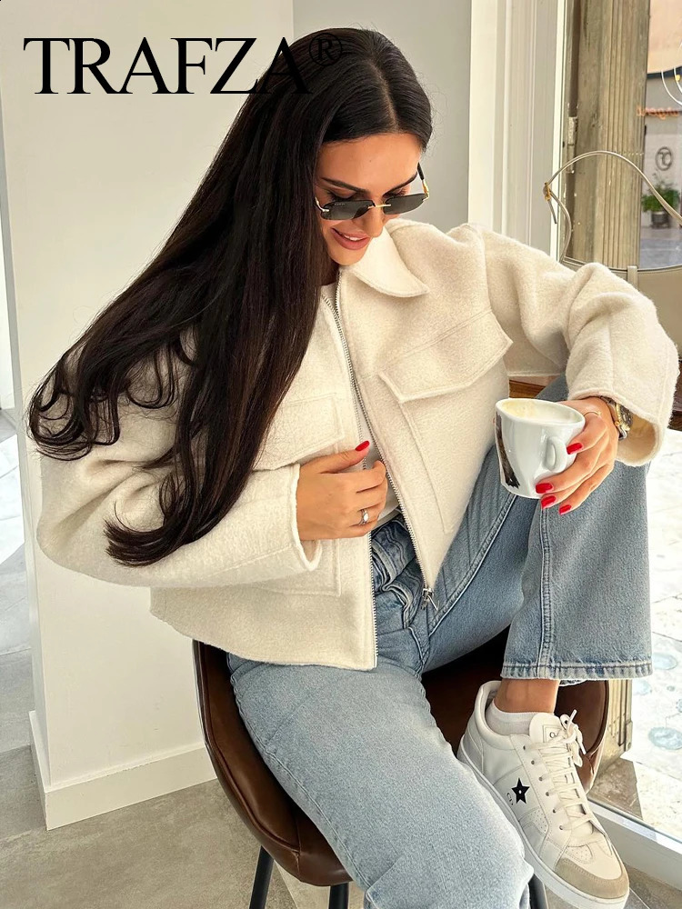 TRAFZA Vintage Women Solid Tweed Cropped Jacket With Pockets Long Sleeves Lapel Cardigan Coat Female Street Outerwear 250120wtt