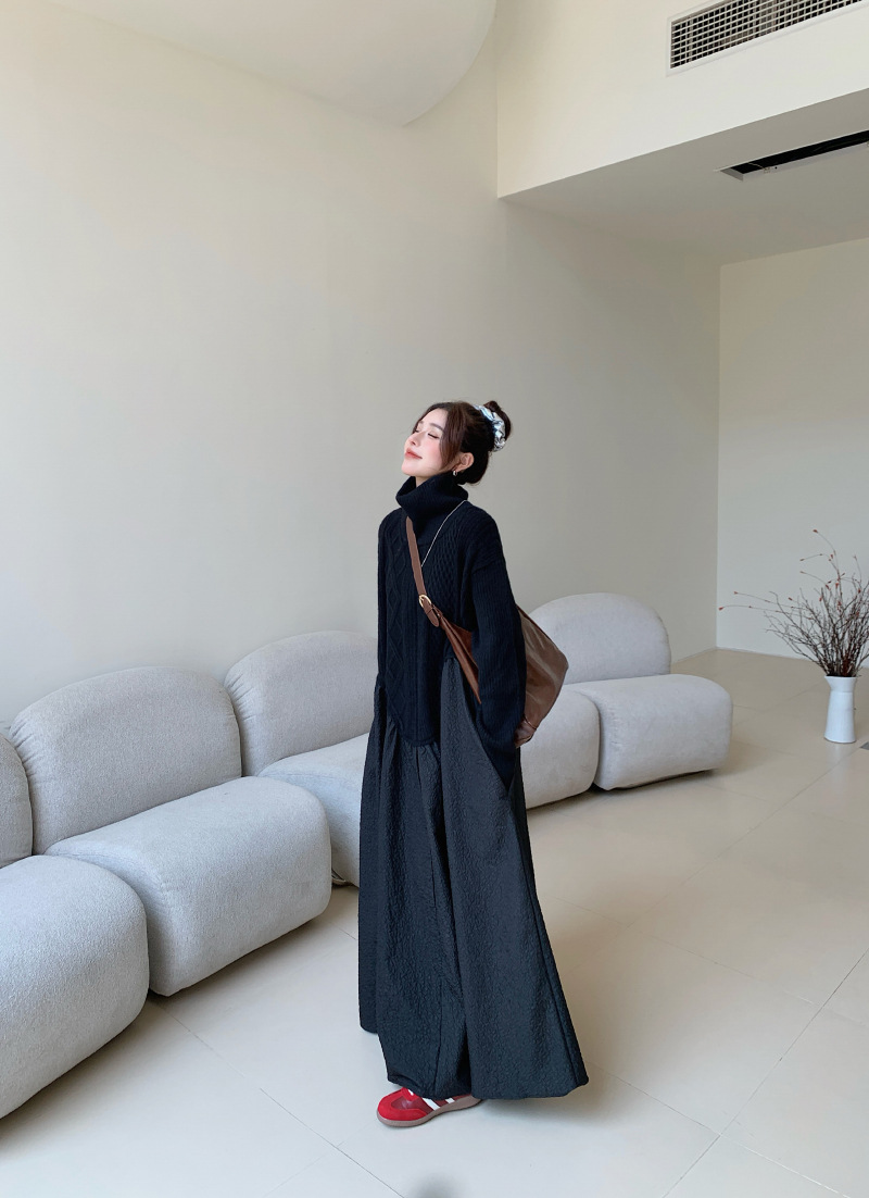 X6120 Autumn and winter large size loose high collar stitching knitted skirt long slim European and American style dress