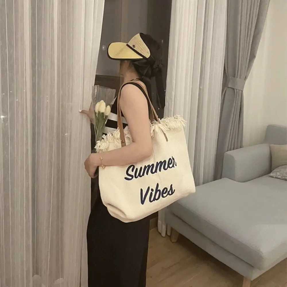 New Fashion Tassel Tote Bag Woven Canvas Bag Embroidered Alphabet Handbag Womens Large Capacity Shoulder BagC250412