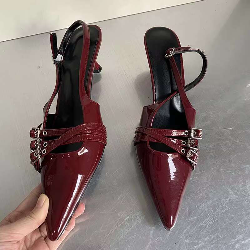 Ladies High Slides For Sandals Fashion Wine Red Women Thin Heels Shoes Buckle Strap Shallow Female Pumps Footwear