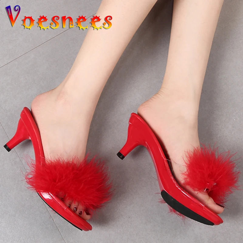 Solid Color Feather Fairy Slippers Summer Transparent Sandals Thin High Heels Sexy Fur Crystal 6cm Low Heel Derss Women Shoes 250209