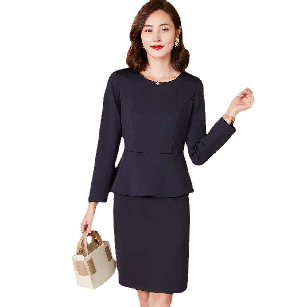 S1240 autumn and winter base knitted elastic mid-length long-sleeved navy blue large size professional hip-wrapped professional dress