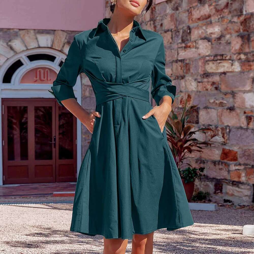 Women Strappy Shirt Solid Color Lapel V Neck Large Hem Button Front Long Sleeve Commuting Dress R250205